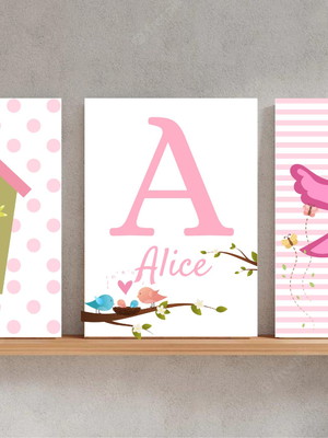 Trio de quadros infantis passarinho personalizado com nome
