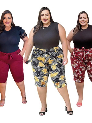 Bermuda feminina plus size com laço 2 bolsos