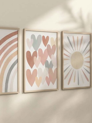 Kit 4 quadros boho arco-iris coração sol infantil decora
