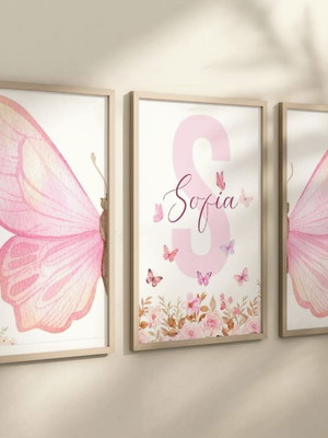 Kit 3 quadros moldura borboleta berçário flores b 24x34