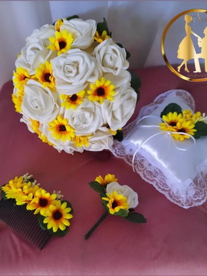 Buquê de noiva rosas brancas e girassóis ? kit com arranjo
