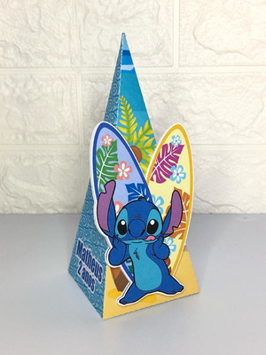 Festa lembrancinha personalizada caixa pirâmide tema stitch