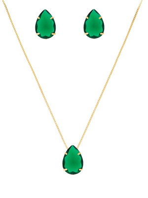 Conjunto colar brinco gota verde esmeralda folheado ouro