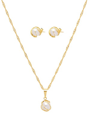 Conjunto colar e brinco pérola folheado a ouro 18k