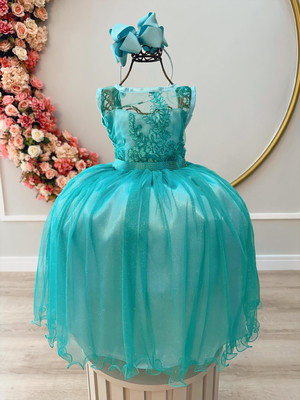 Vestido infantil verde com renda realeza e tule glitter