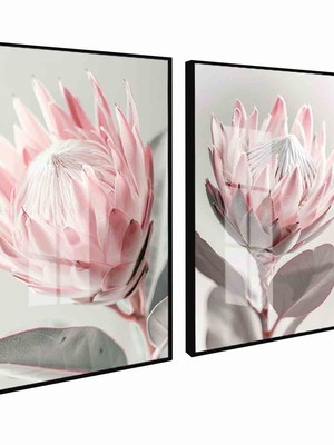 Quadro decorativo folhagem flor protea com vidro e moldura