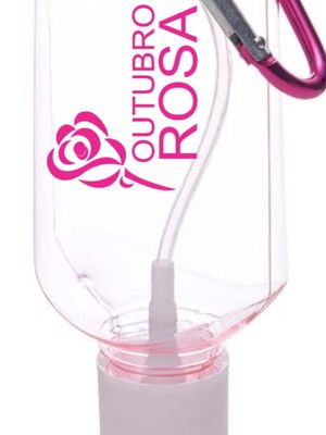 Frasco plástico 100ml mosquetão personalizado outubro rosa