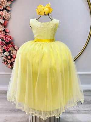 Vestido infantil amarelo damas de honra longo pérolas strass