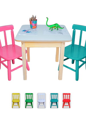 Mesa infantil mesinha didática atividades madeira 2 cadeiras