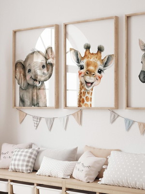 Kit com 3 quadros safari animais baby decoração quarto bebê