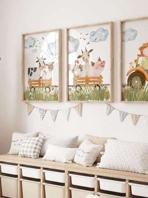 Kit com 3 quadros animais fazendinha decoração quarto bebê