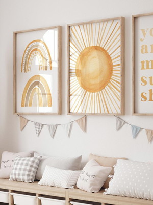 Kit com 3 quadros sol arco-íris amarelo decoração quarto