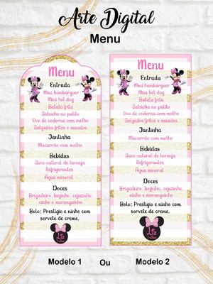 Arte digital menu cardápio minnie rosa