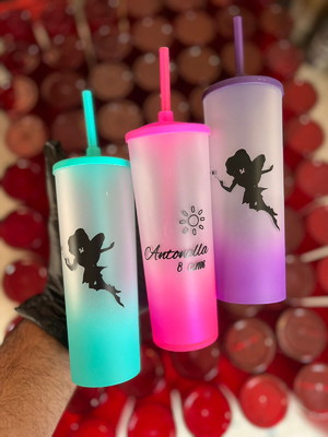 Copo long drink degrade neon com tampa e canudo