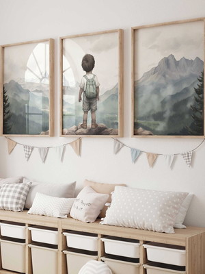 Kit com 3 quadros menino montanhas aventura decoração quarto