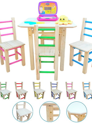 Conjunto mesa com 4 cadeiras infantil natural de madeira