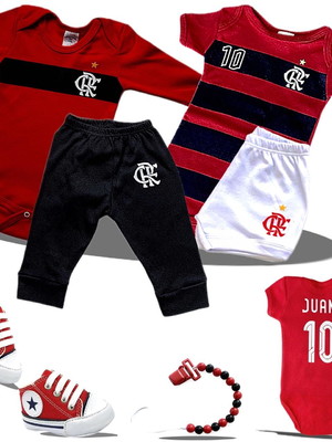 Enxoval 6 itens roupa de bebê flamengo personalizado c/ nome