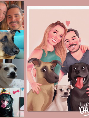 Ilustração digital personalizada família e pet - busto