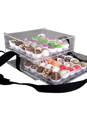 Expositor 50 brigadeiros nº3 gaveta, alça, sua logo na tampa