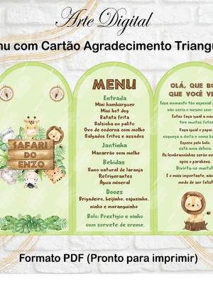 Menu triangular com agradecimento digital safari baby