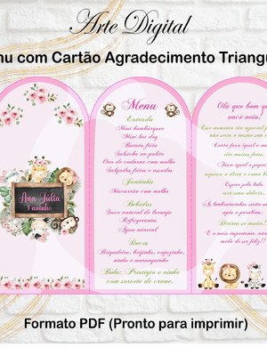 Menu triangular com agradecimento digital safari baby menina