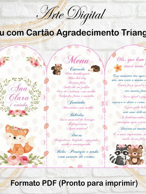 Menu triangular com agradecimento digital bosque encantado