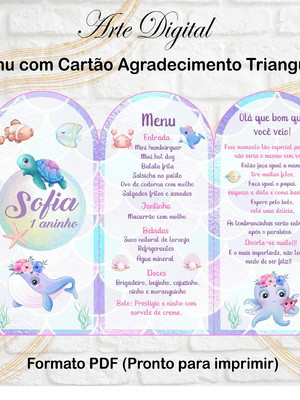 Menu triangular agradecimento digital fundo do mar menina