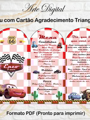 Menu triangular com agradecimento digital carros disney