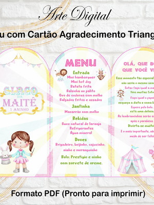 Menu triangular com agradecimento digital circo menina