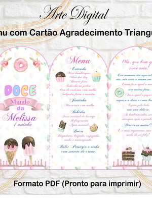 Menu triangular com agradecimento digital confeitaria