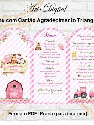 Menu triangular com agradecimento digital fazendinha menina