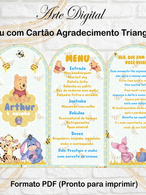 Menu triangular com agradecimento digital ursinho pooh baby