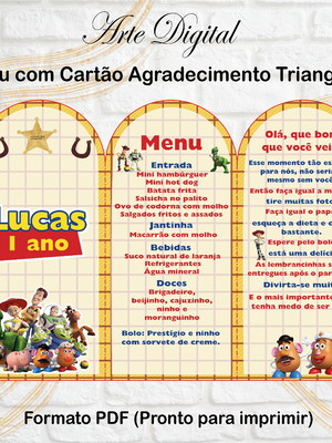 Menu triangular com agradecimento digital toy story