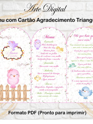 Menu com agradecimento digital jardim encantado passarinhos