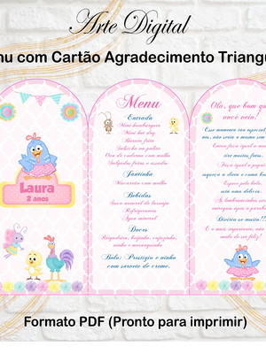 Menu com agradecimento digital galinha pintadinha candy