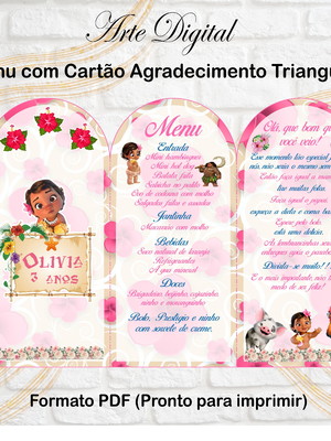 Menu triangular com agradecimento digital moana baby