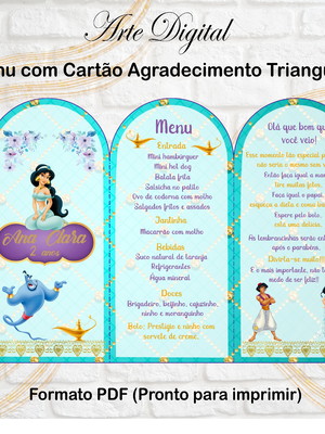 Menu triangular com agradecimento digital princesa jasmine