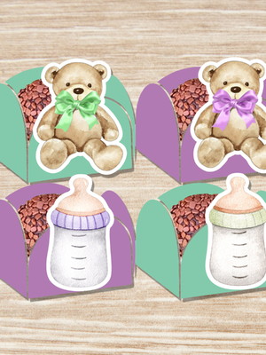Forminha para doces chá de revelação ursinho lilas e verde