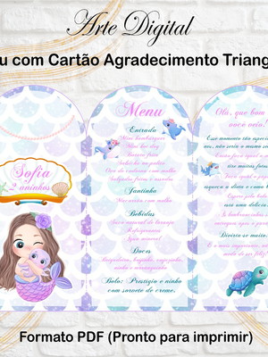 Menu triangular com agradecimento digital sereia aquarela