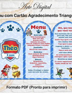 Menu triangular com agradecimento digital patrulha canina