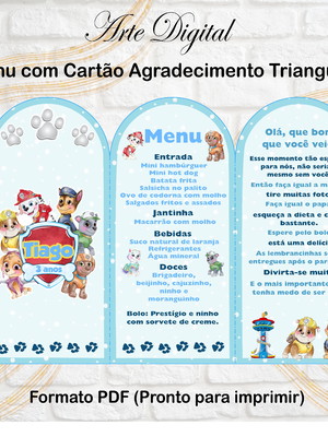 Menu com agradecimento digital patrulha canina aquarela