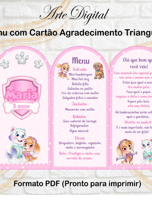 Menu com agradecimento digital patrulha canina menina