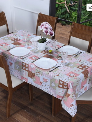 Toalha de mesa retangular 6 lugares decoração bule rosa
