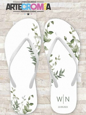 Chinelo para casamento com folhas verdes