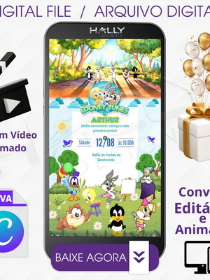 Convite digital animado edite no canva - looney tunes