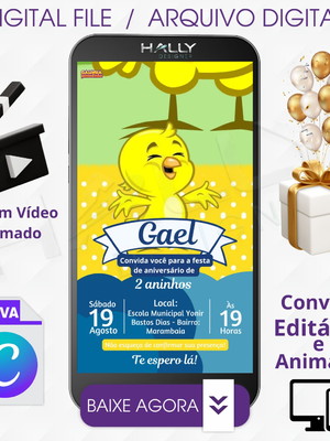 Convite digital animado edite no canva - pintinho amarelinho