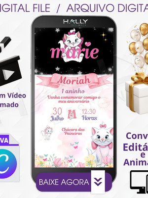 Convite digital animado edite no canva - gatinha marie