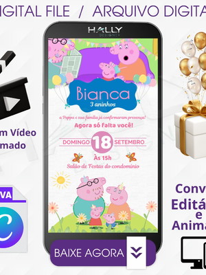 Convite digital animado edite no canva - pepa pig