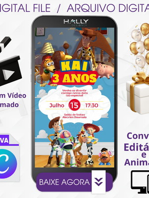 Convite digital animado edite no canva -toy story
