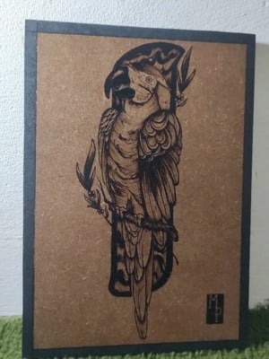 Quadro pirografado de arara 32x23cm